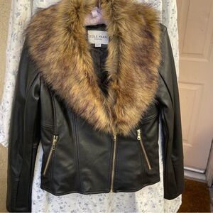Cole Haan Black Faux-Leather Jacket with Brown Fur Collar
